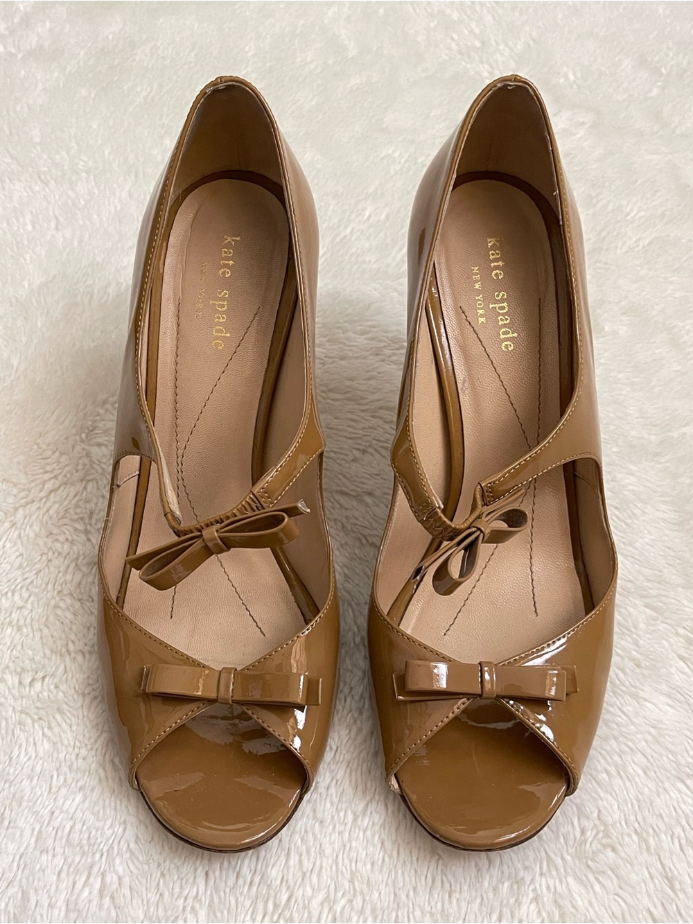 kate spade Tan Patent Peep-Toe Bow Heels